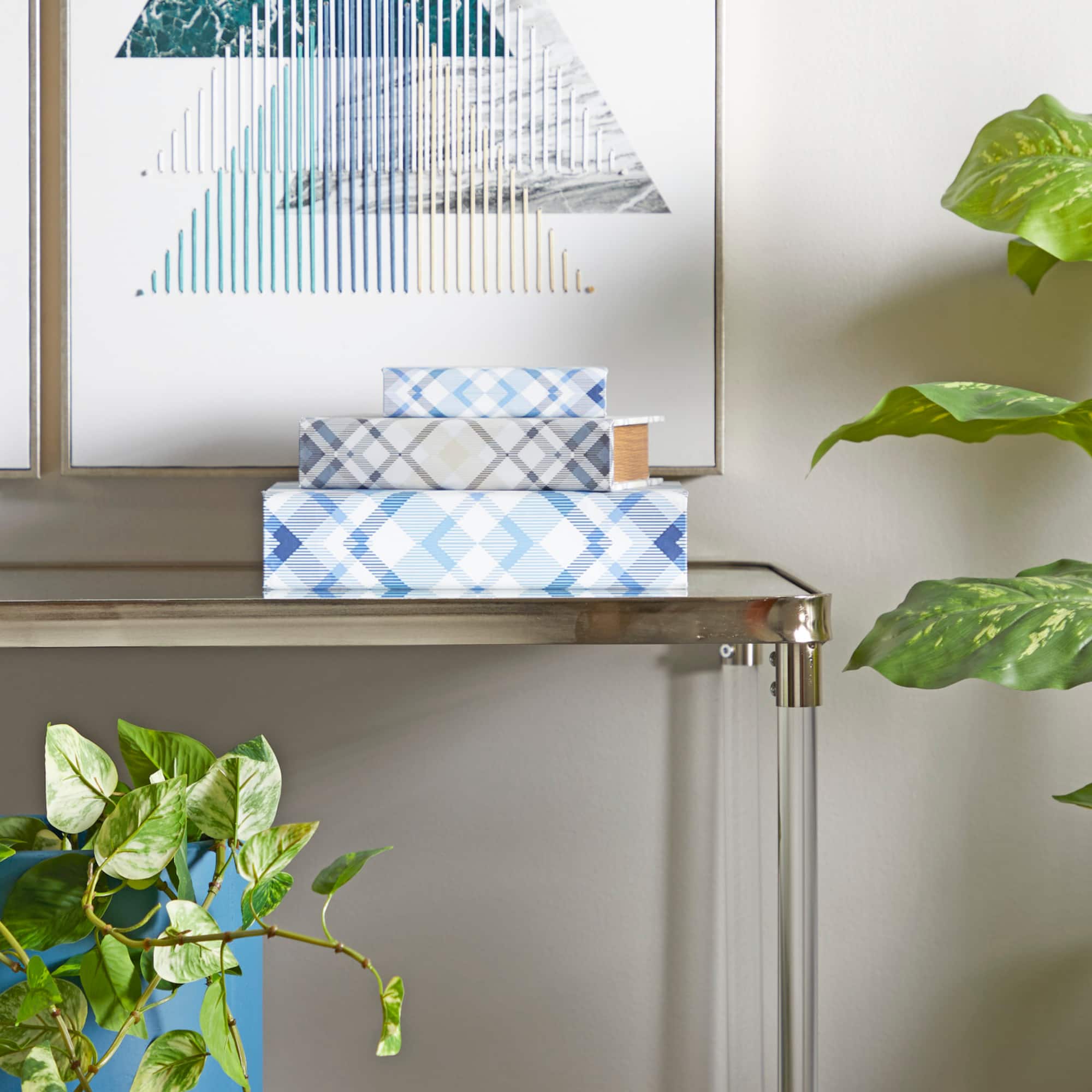 Blue Plaid Canvas Faux Book Box Set